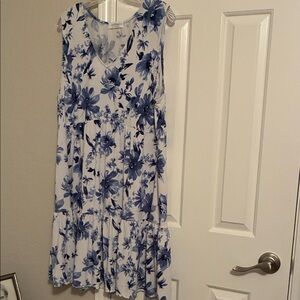 Kaileigh White Midi Dress with Blue Floral Print